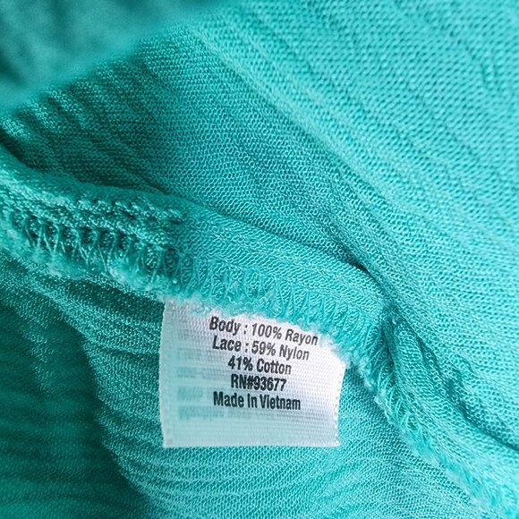 Women's A.N.A Turquoise Lace Yoke Top Blouse Short Sleeve Round Neck Size L - Picture 7 of 11